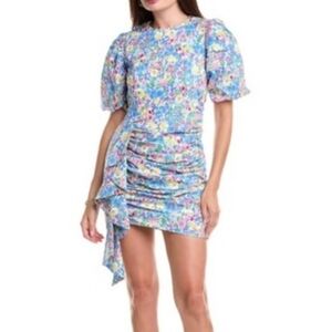 NWT En Saison Ruched Floral Puff Sleeve Mini Day Dress, blue floral, Sz L